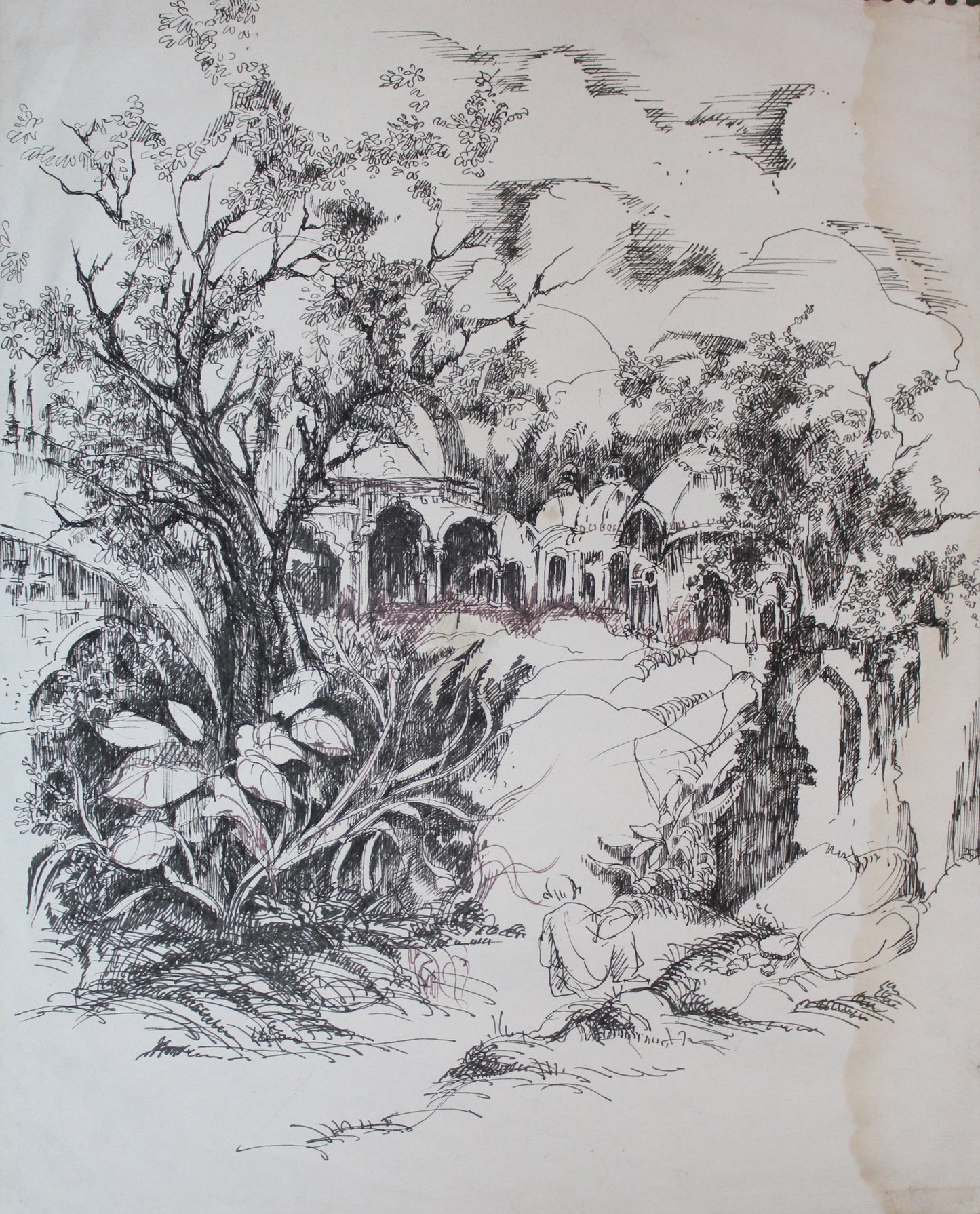 Black and white ink drawing of a landscape with trees, rocks, and architectural elements.