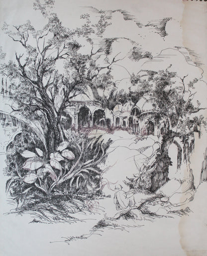 Black and white ink drawing of a landscape with trees, rocks, and architectural elements.