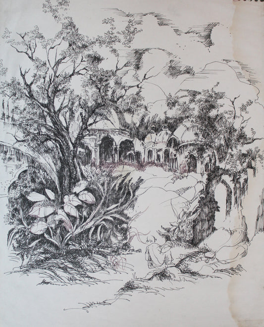 Black and white ink drawing of a landscape with trees, rocks, and architectural elements.
