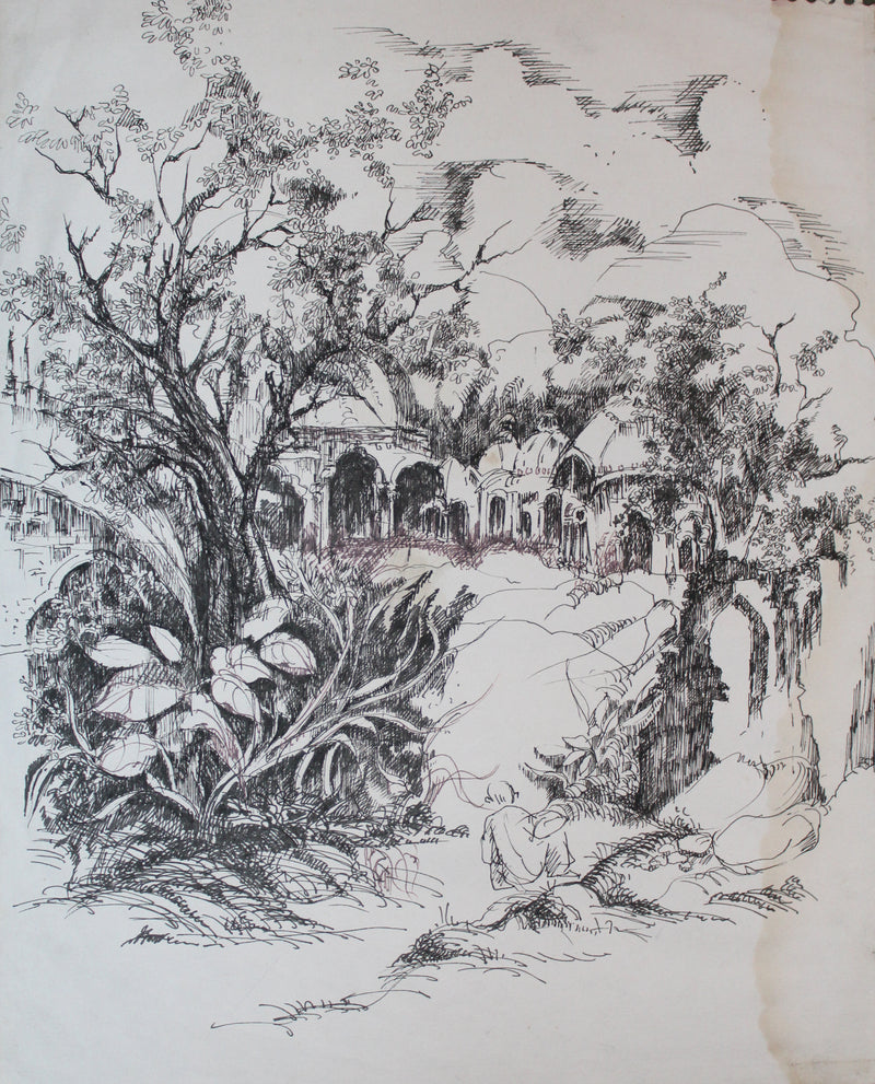 Black and white ink drawing of a landscape with trees, rocks, and architectural elements.