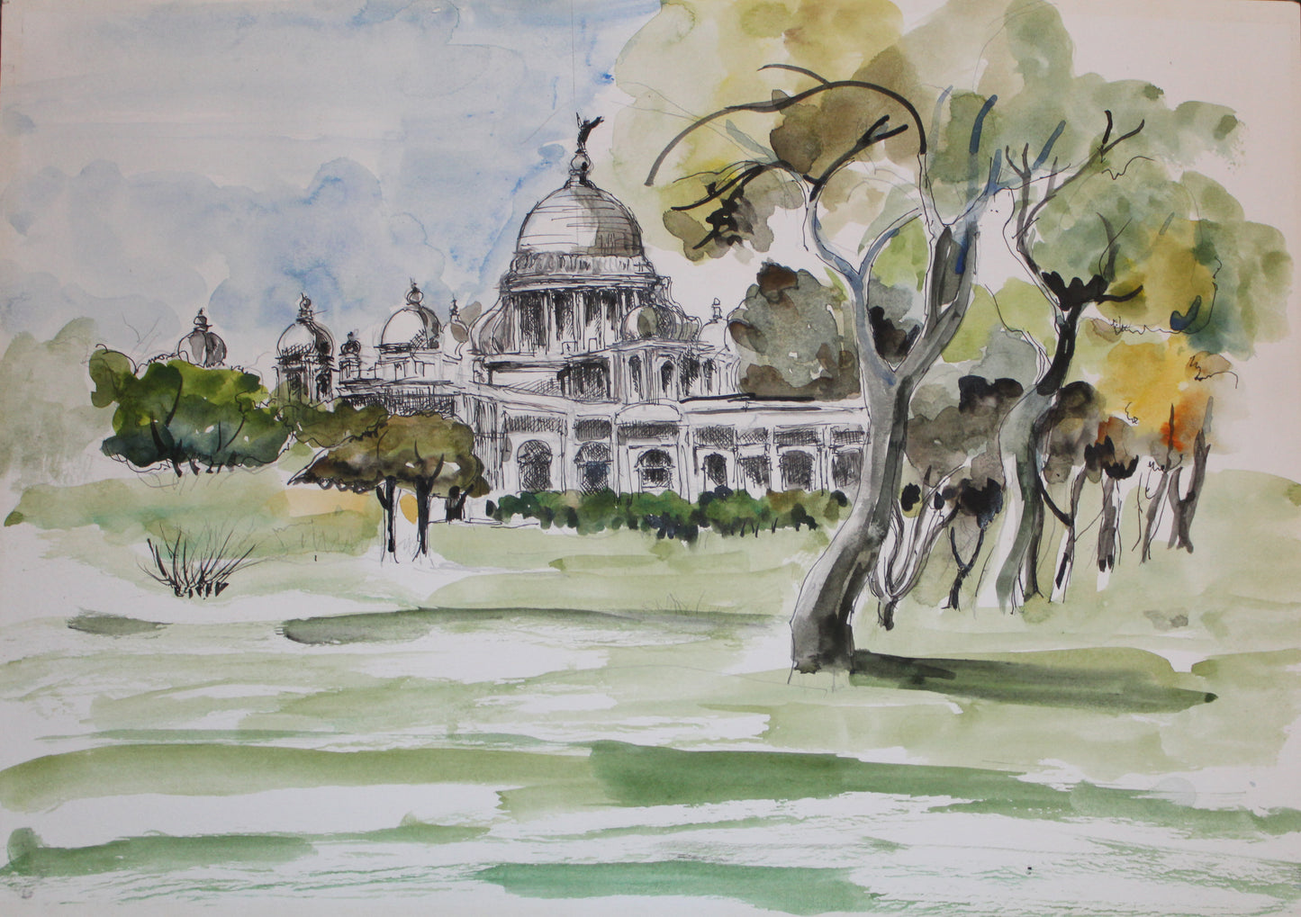 Watercolor painting of Victoria Memorial, Kolkata surrounded by trees and grass.