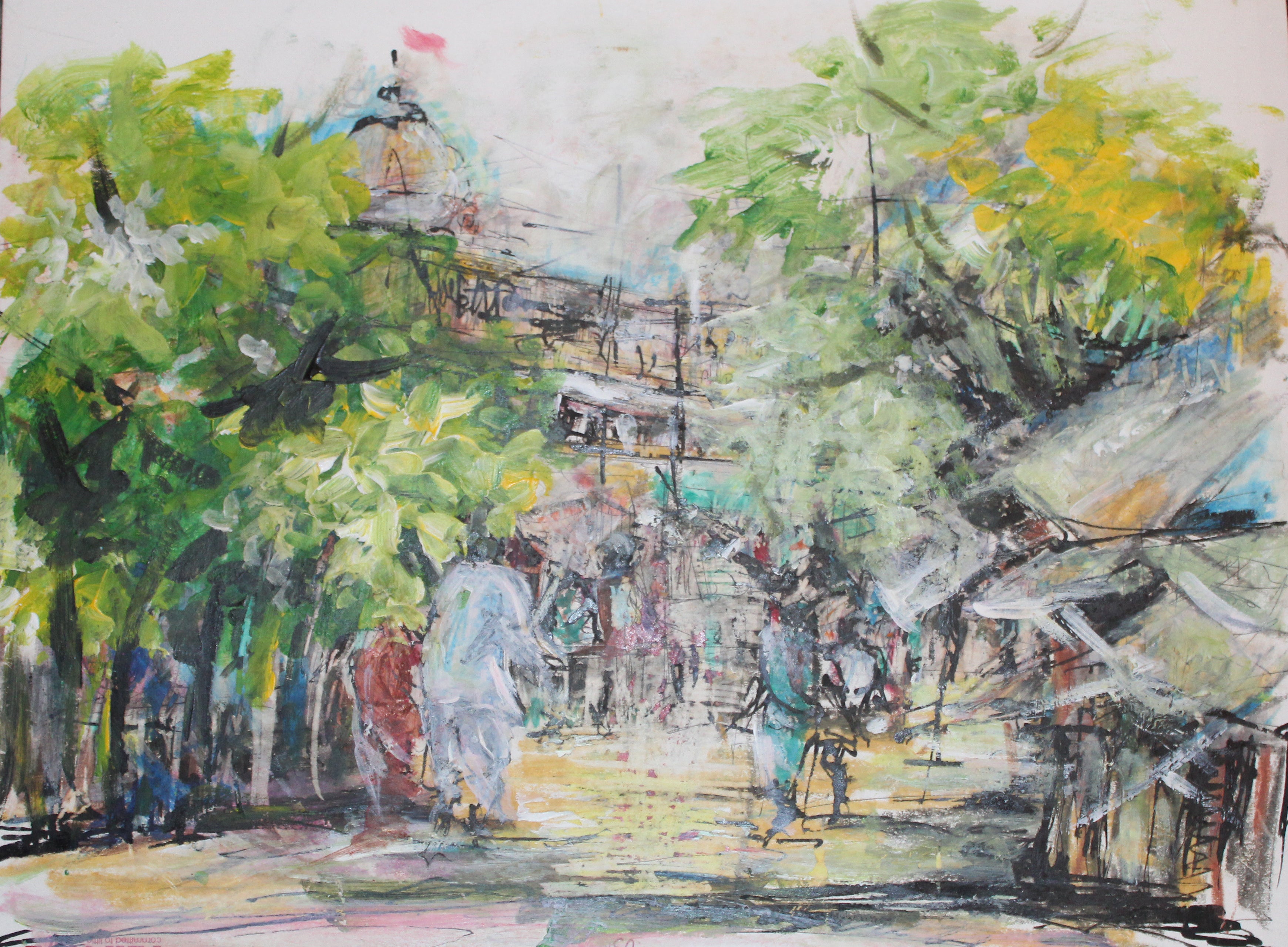 Painting of a street scene with trees and people