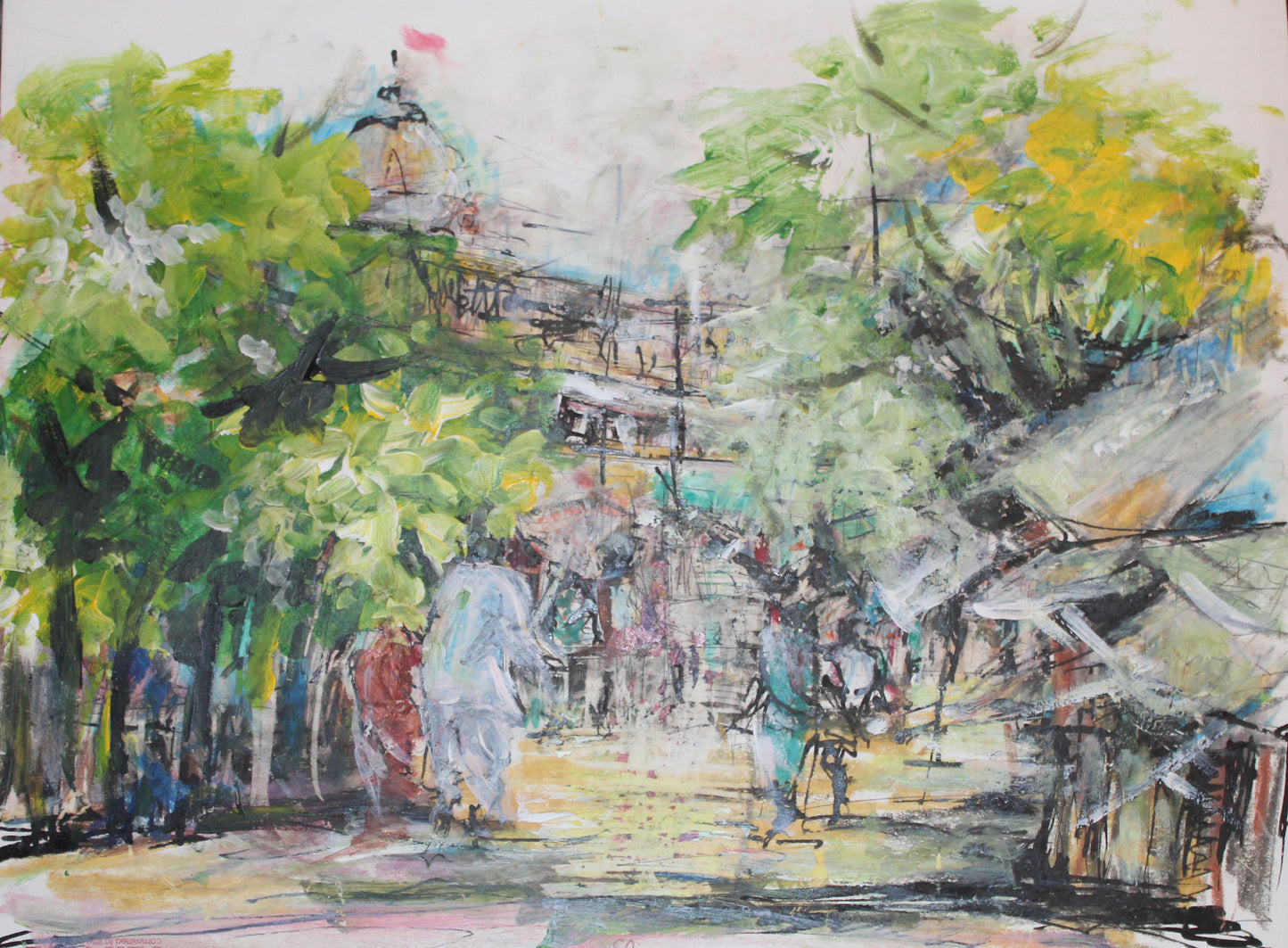 Original Mixed-Media Street Scene Painting – Colorful Urban India Artwork –
