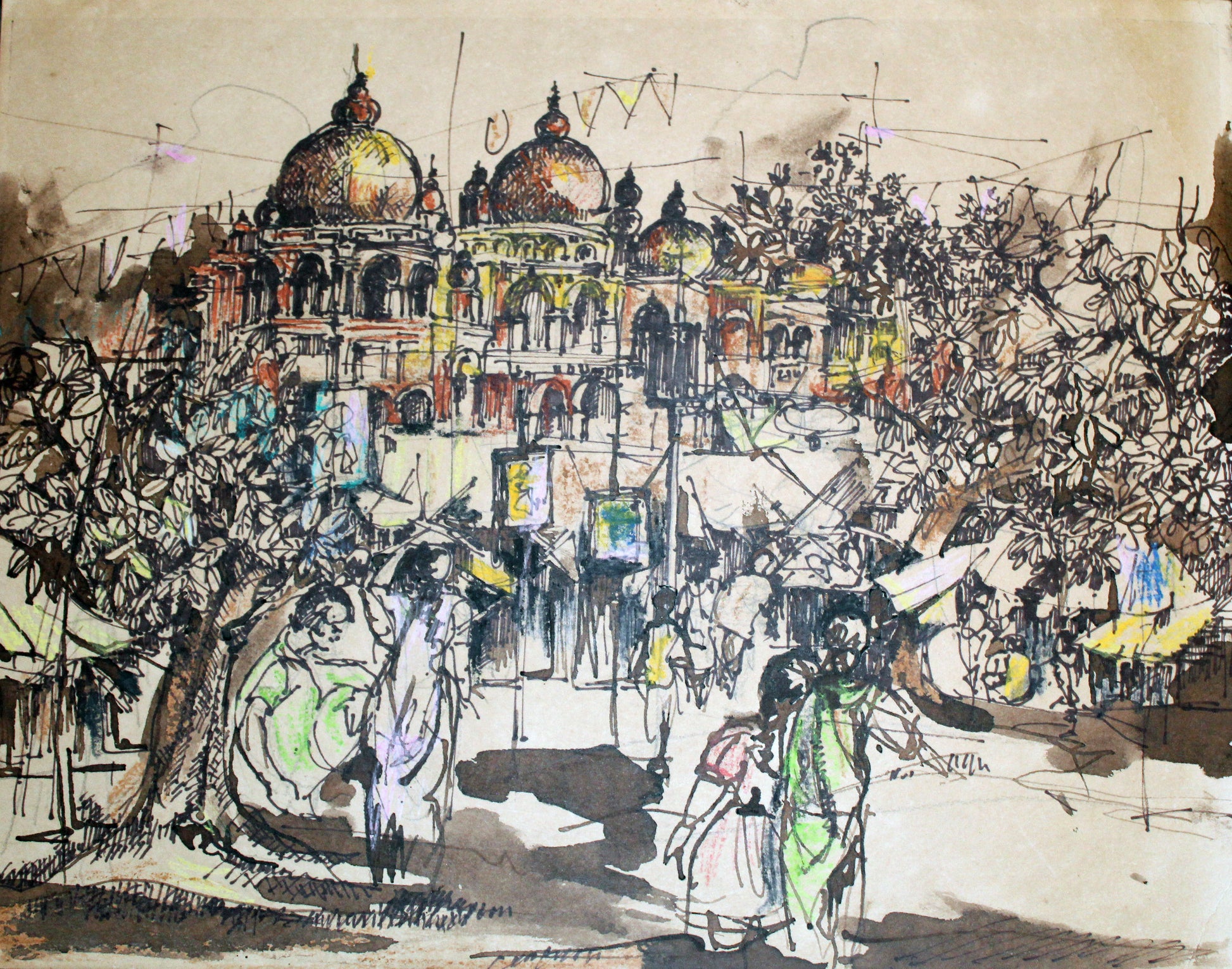 Colorful drawing of a bustling city street with people and architectural elements.