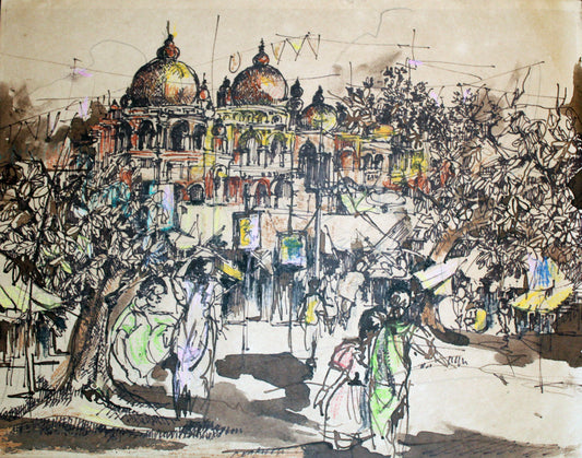 Colorful drawing of a bustling city street with people and architectural elements.