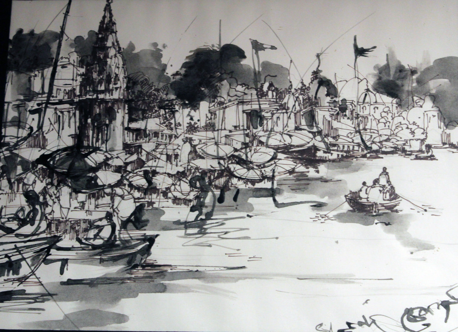 Black and white ink drawing of a bustling waterfront scene with boats and buildings.