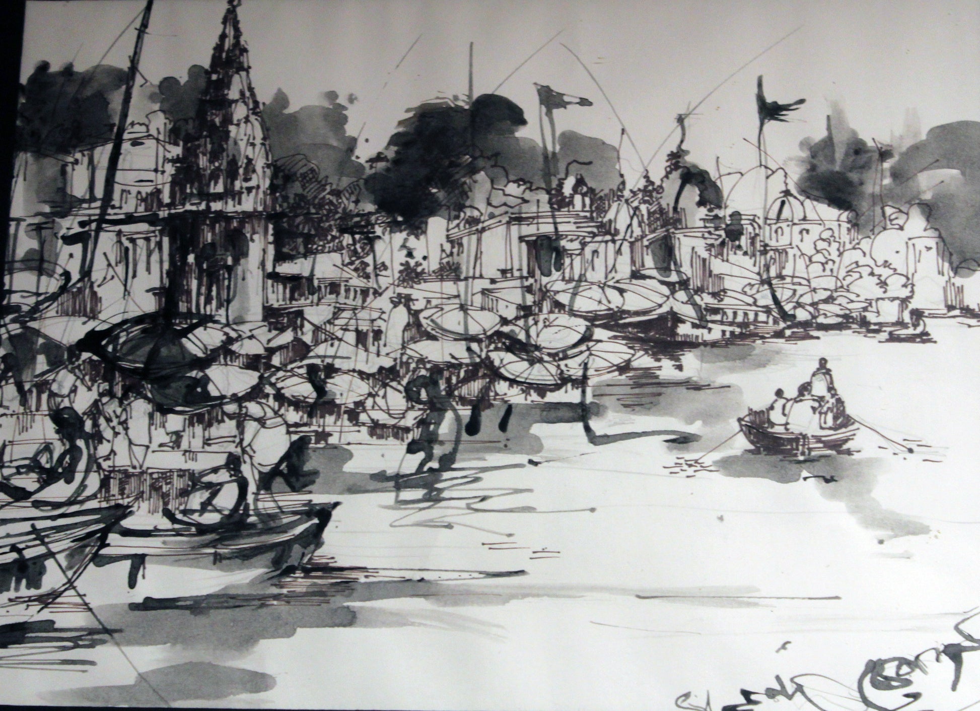 Black and white ink drawing of a bustling waterfront scene with boats and buildings.