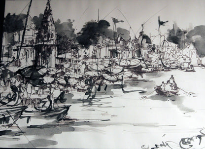 Black and white ink drawing of a bustling waterfront scene with boats and buildings.