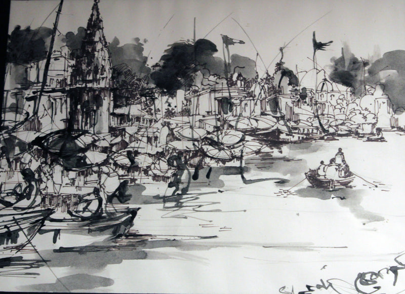 Black and white ink drawing of a bustling waterfront scene with boats and buildings.
