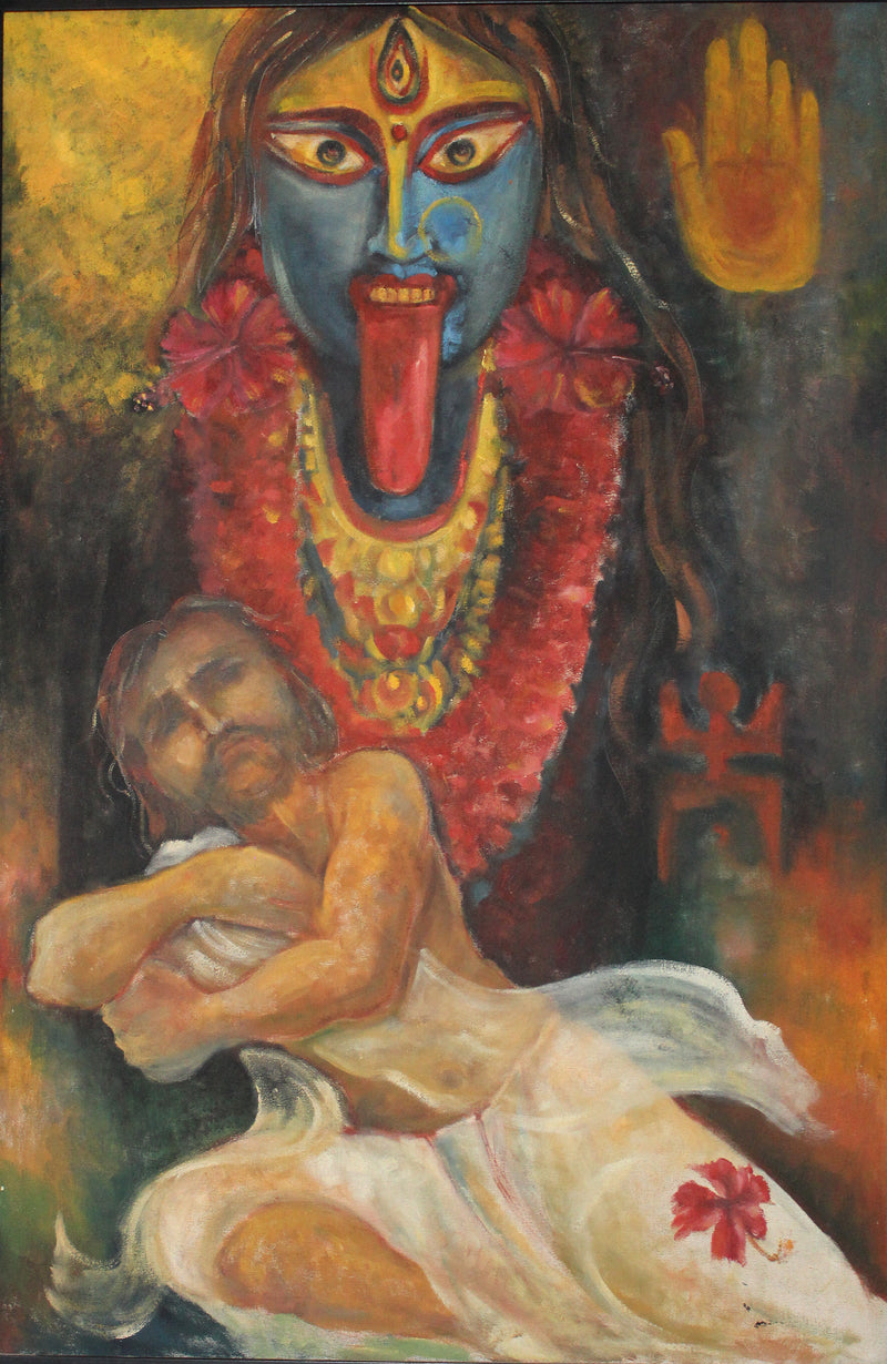 Artistic depiction of a figure with a colorful face and another figure in a submissive pose.
