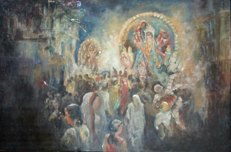 Painting of Durga Puja procession with figures and crowd in an Indian City streets.