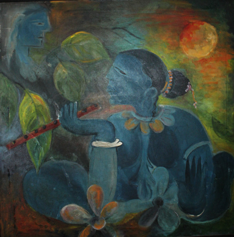 Blue-skinned figure playing a flute with leaves and a moon in the background