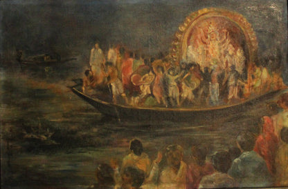 Painting of a boat with figures and a Durga idol for immersion