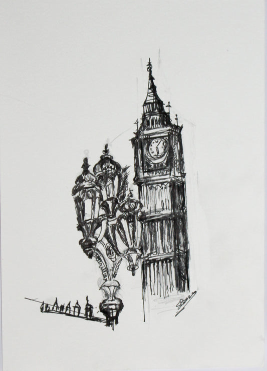 Original Pen & Ink London Cityscape Drawing – Big Ben Art – Black Ink Architectural Sketch (SB)