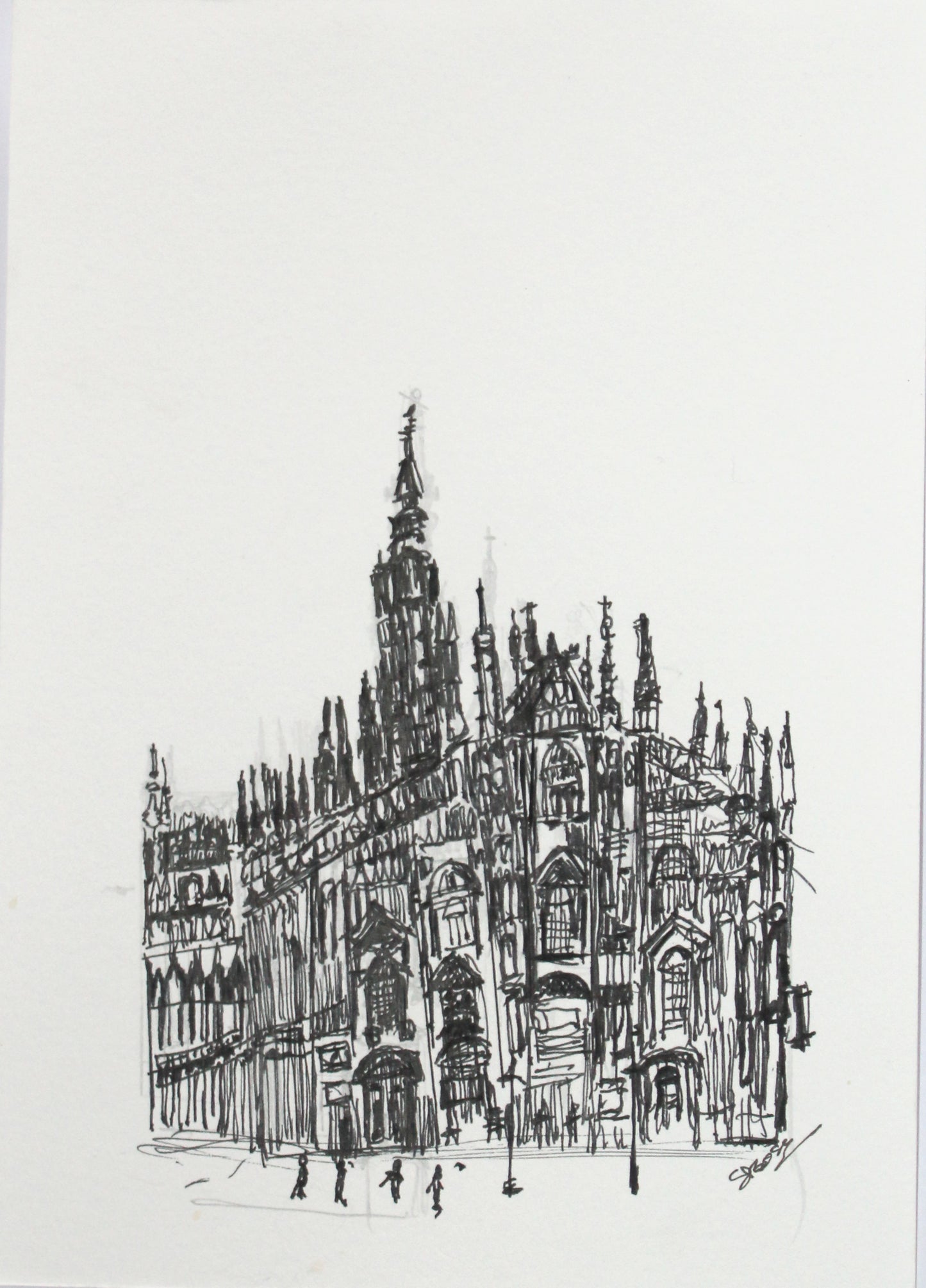 Original Pen & Ink Architectural Drawing – Historic European Cathedral – Black Ink Cityscape Sketch (SB)