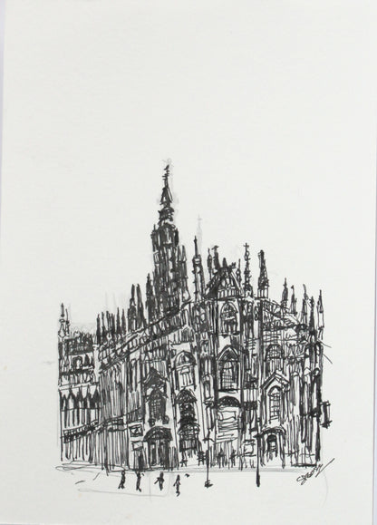 Original Pen & Ink Architectural Drawing – Historic European Cathedral – Black Ink Cityscape Sketch (SB)