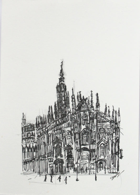 Original Pen & Ink Architectural Drawing – Historic European Cathedral – Black Ink Cityscape Sketch (SB)