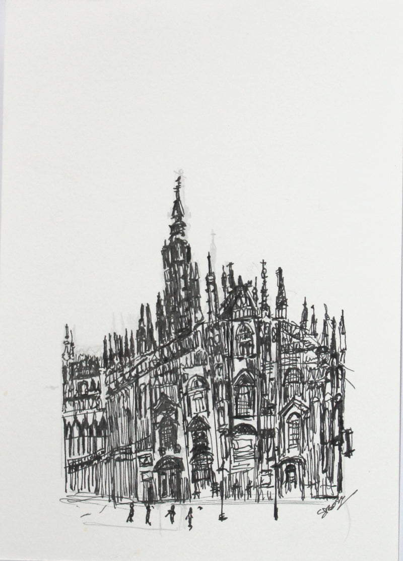 Original Pen & Ink Architectural Drawing – Historic European Cathedral – Black Ink Cityscape Sketch (SB)