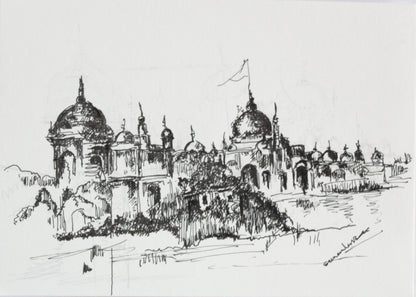 Original Pen & Ink Architectural Drawing – Historic Palace Cityscape – Black Ink Hand-Drawn Sketch (SB)