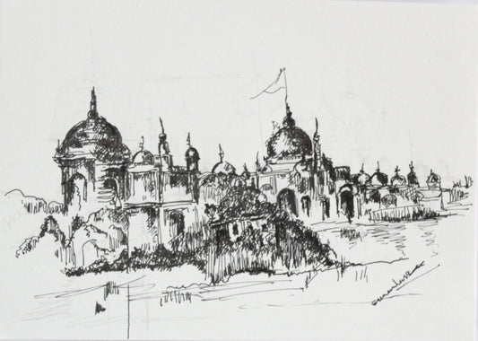 Original Pen & Ink Architectural Drawing – Historic Palace Cityscape – Black Ink Hand-Drawn Sketch (SB)