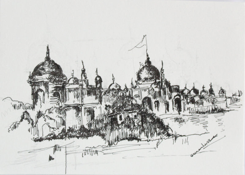 Original Pen & Ink Architectural Drawing – Historic Palace Cityscape – Black Ink Hand-Drawn Sketch (SB)