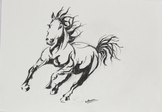 Original Pen & Ink Horse Drawing – Dynamic Running Horse Art – Black Ink Expressive Sketch (SB)