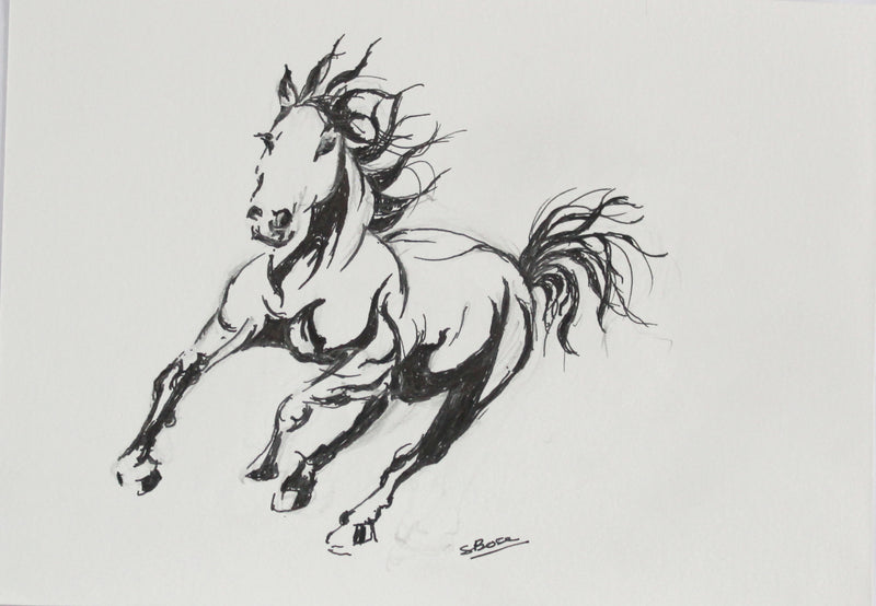 Original Pen & Ink Horse Drawing – Dynamic Running Horse Art – Black Ink Expressive Sketch (SB)