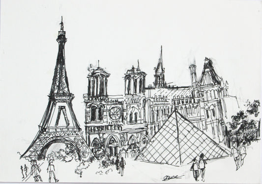Original Pen & Ink Paris Cityscape Drawing – Eiffel Tower & Notre-Dame – Black Ink Architectural Sketch(SB)
