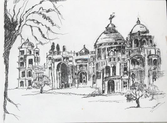 Original Pen & Ink Architectural Drawing – Historic Palace & Garden Scene – Black Ink Cityscape Sketch (SB)