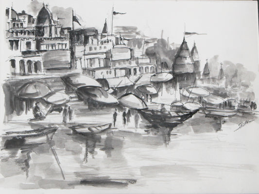 Original Ink & Wash Cityscape Drawing – Riverside Ghats with Boats – Monochrome Architectural Landscape Art (SB)