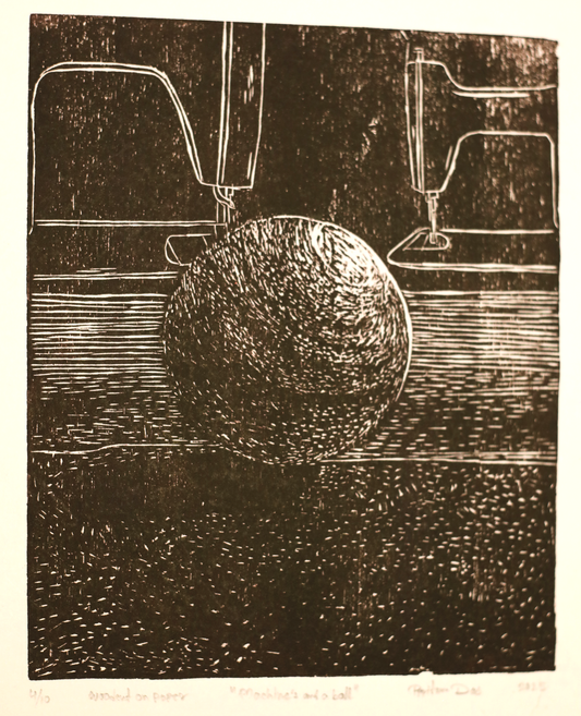 Contemporary Art Woodcut on Paper – “Machine & Ball” by Pritam Das | Minimal Industrial Artwork