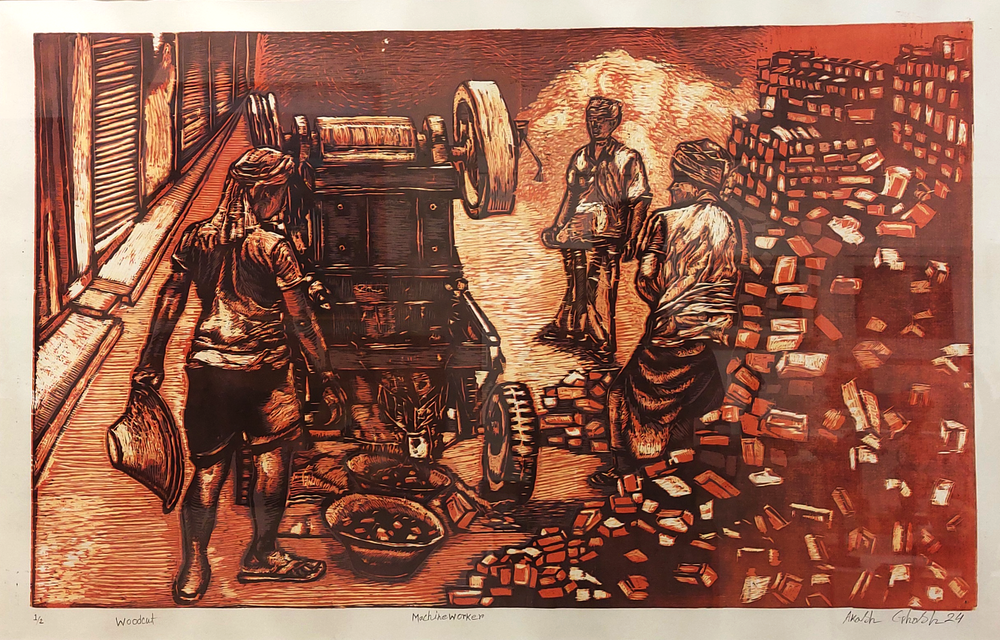 Woodcut print of a scene with people around a vehicle and bricks.