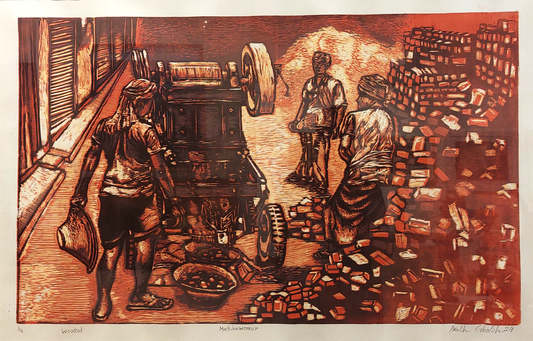 Woodcut print of a scene with people around a vehicle and bricks.