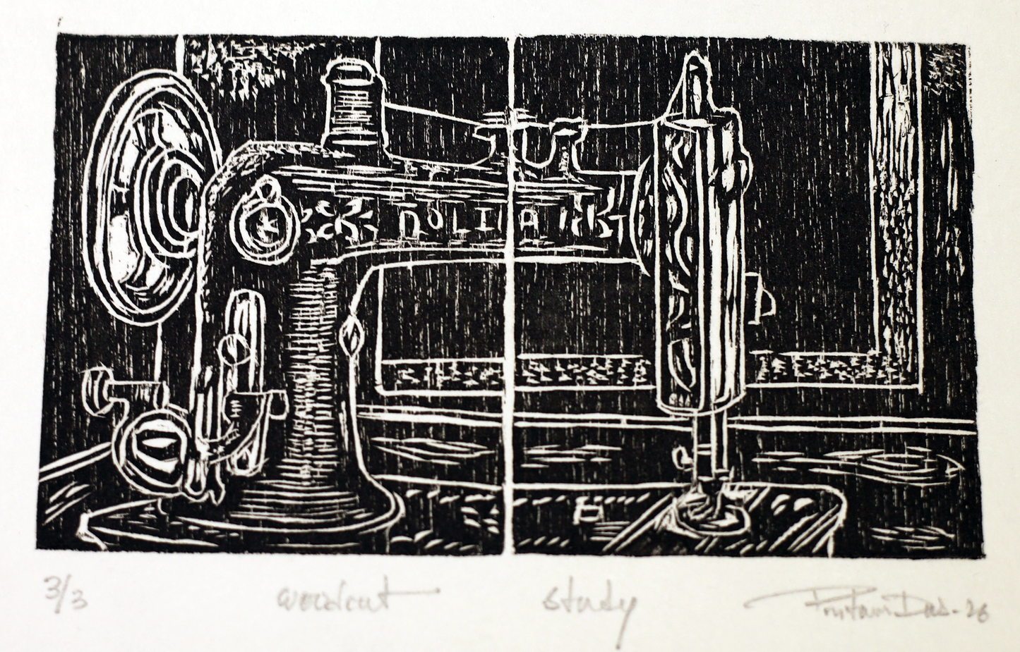 Contemporary Art Woodcut on Paper – “Material” by Pritam Das | Black & White Textile Inspired Artwork