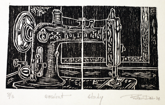 Contemporary Art Woodcut on Paper – “Material” by Pritam Das | Black & White Textile Inspired Artwork