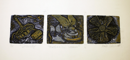 Three square tiles with artistic designs in black and gold on a beige background