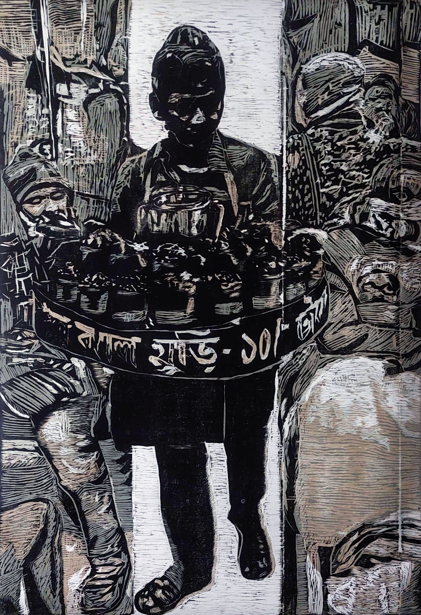Woodcut print of a person carrying a large round container with text, surrounded by other figures.