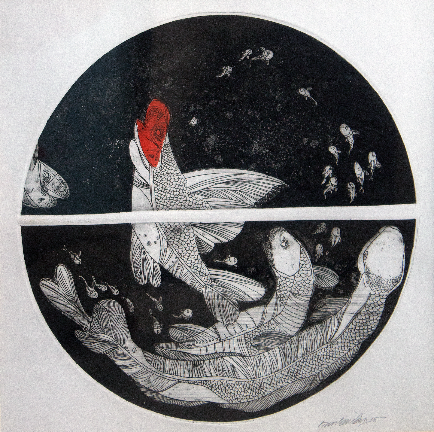 Contemporary Art – “Fish 01” Etching by Gautam Das | Contemporary Aquatic Artwork