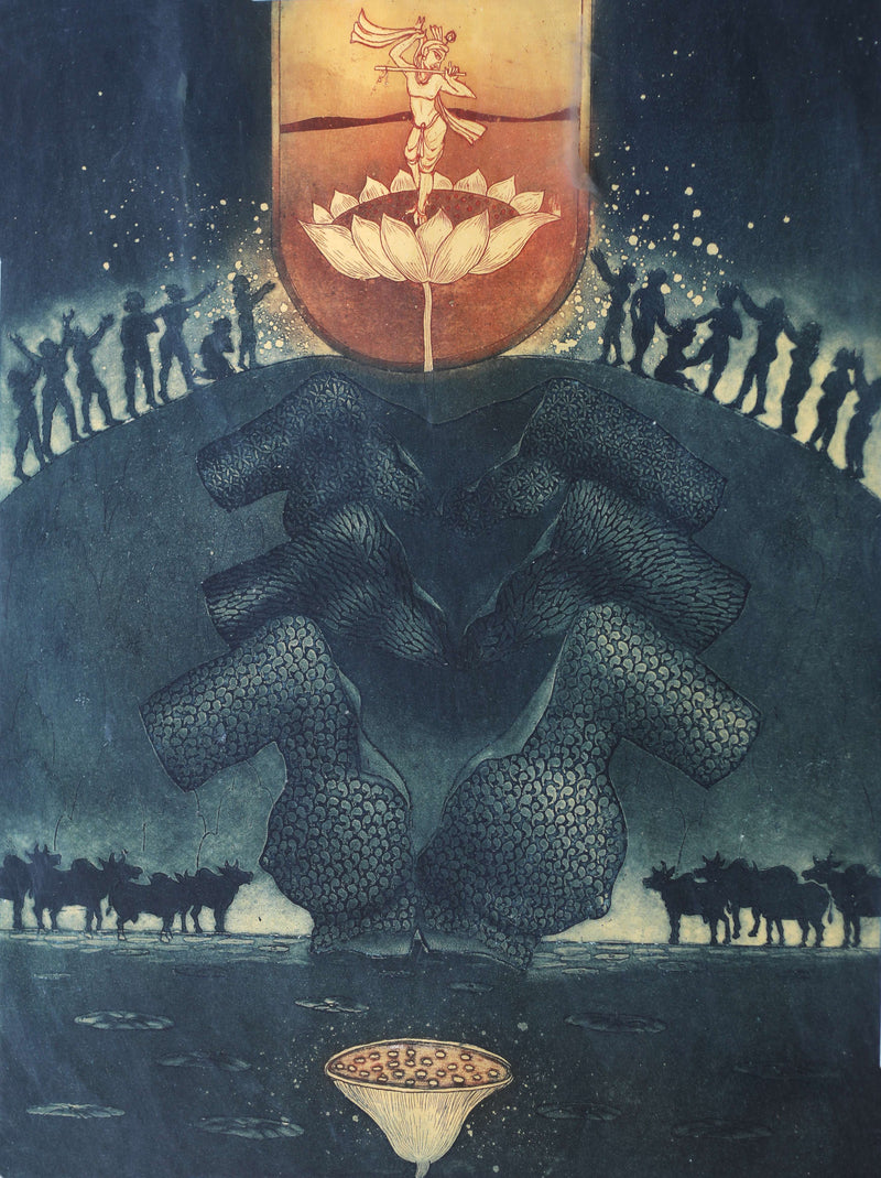 Contemporary Art – “Krishna Lila” Etching by Gautam Das | Contemporary Mythological Artwork