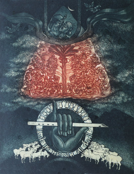 Contemporary Art – “Krishna Lila 02” Etching by Gautam Das | Contemporary Mythological Artwork