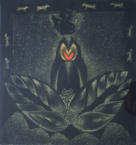 Contemporary Art – “Blooming” Etching by Gautam Das | Symbolic Lotus Artwork