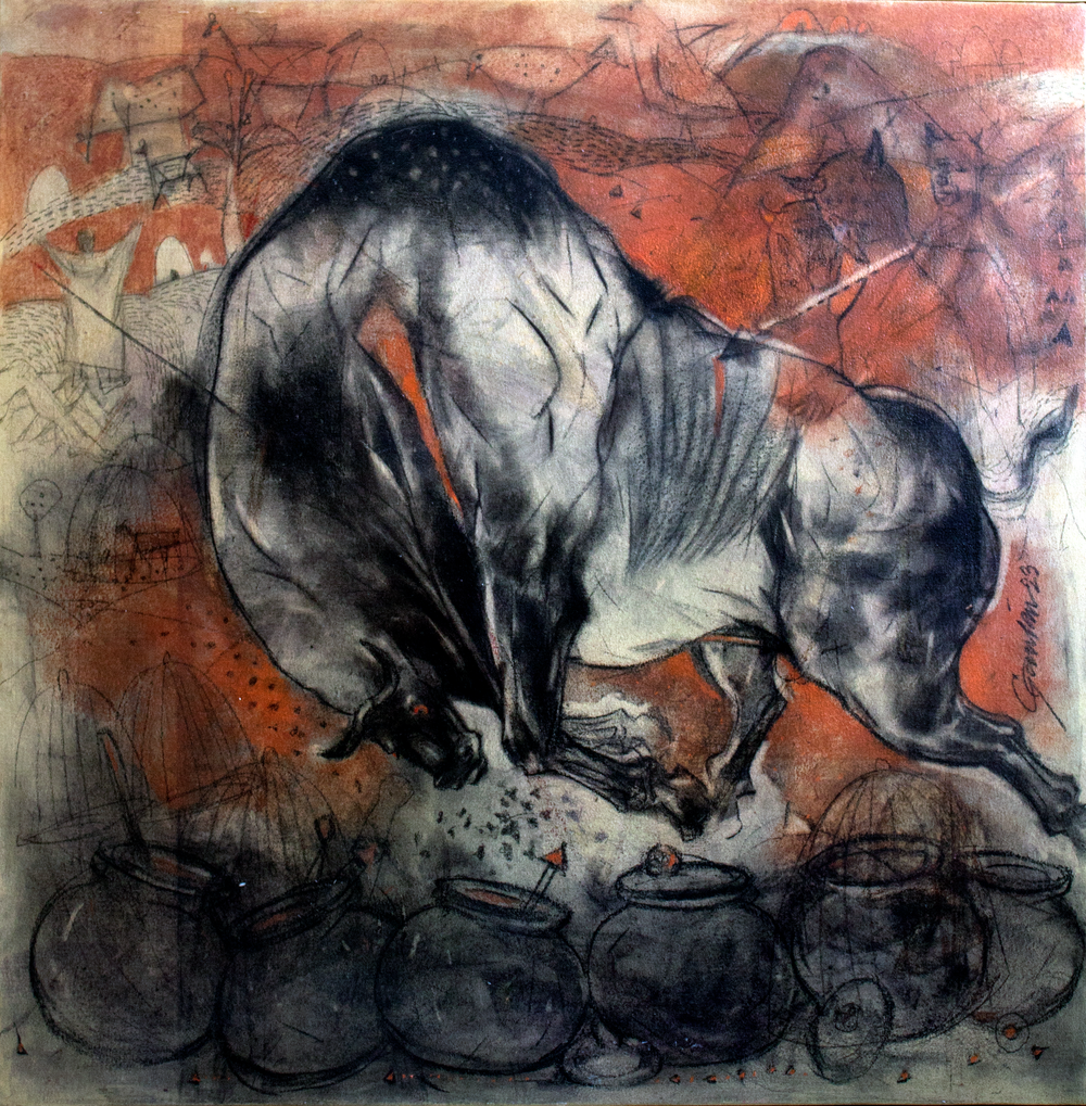 Abstract artwork with a central figure and various shapes and colors in the background