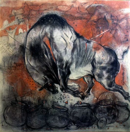 Abstract artwork with a central figure and various shapes and colors in the background