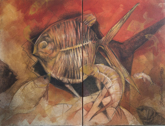 Contemporary Art – “Fish 02” Acrylic on Canvas by Gautam Das | Contemporary Marine Painting