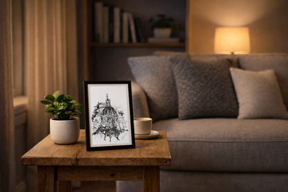 Original Pen & Ink Architectural Drawing – Domed Historic Building – Black Ink Classical Cityscape Sketch (SB)