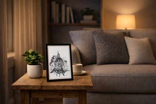 Original Pen & Ink Architectural Drawing – Domed Historic Building – Black Ink Classical Cityscape Sketch (SB)