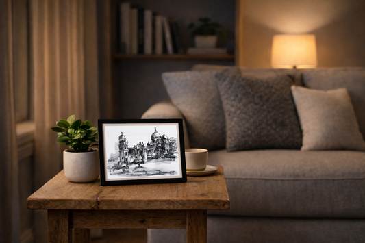 Original Pen & Ink Architectural Drawing – Domed Historic Building – Black Ink Classical Cityscape Sketch (SB)