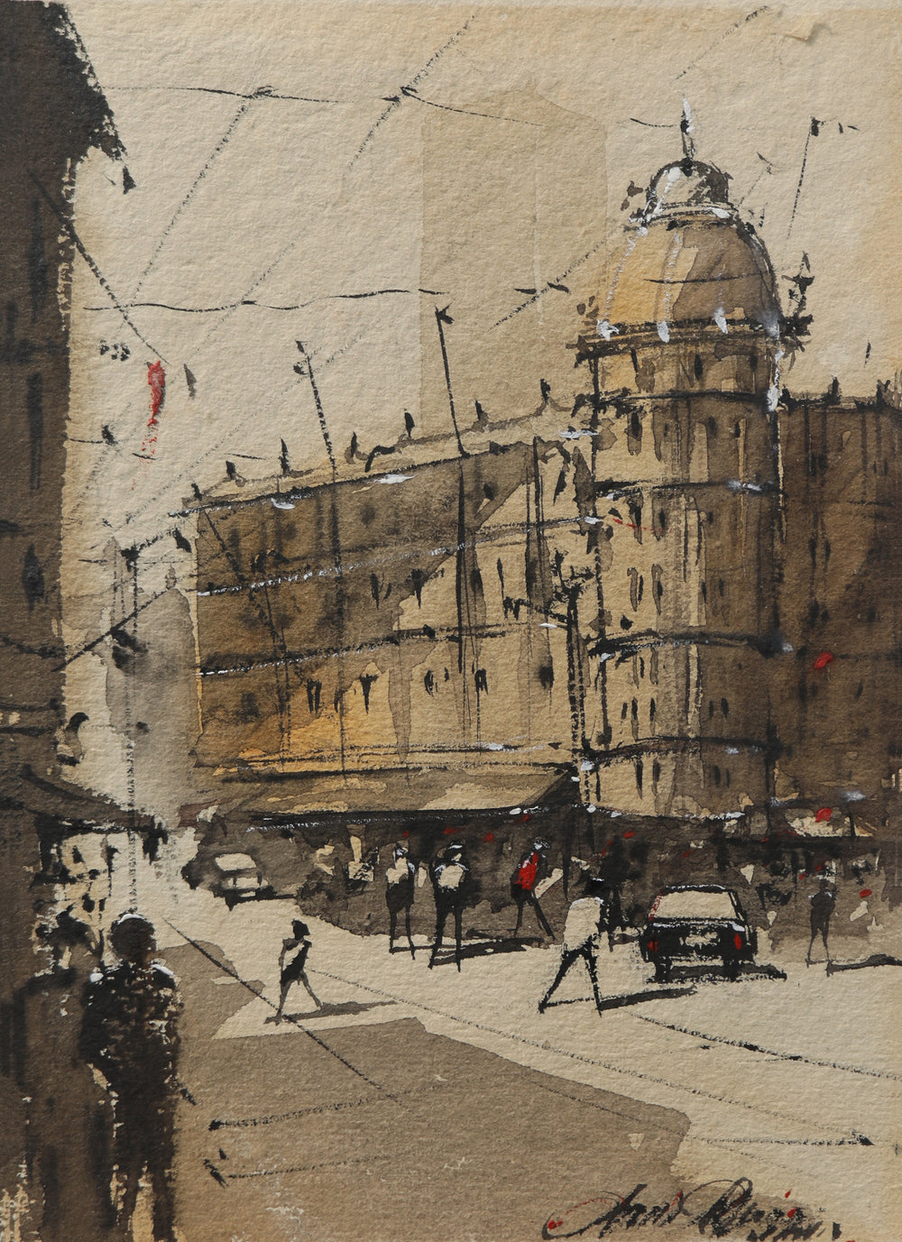 Artistic depiction of a city street with pedestrians and a large building in the background.