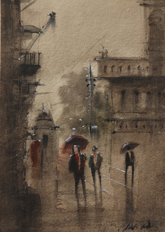 Rainy Walk Kolkata Streetscapes – Contemporary Urban Painting (AB)
