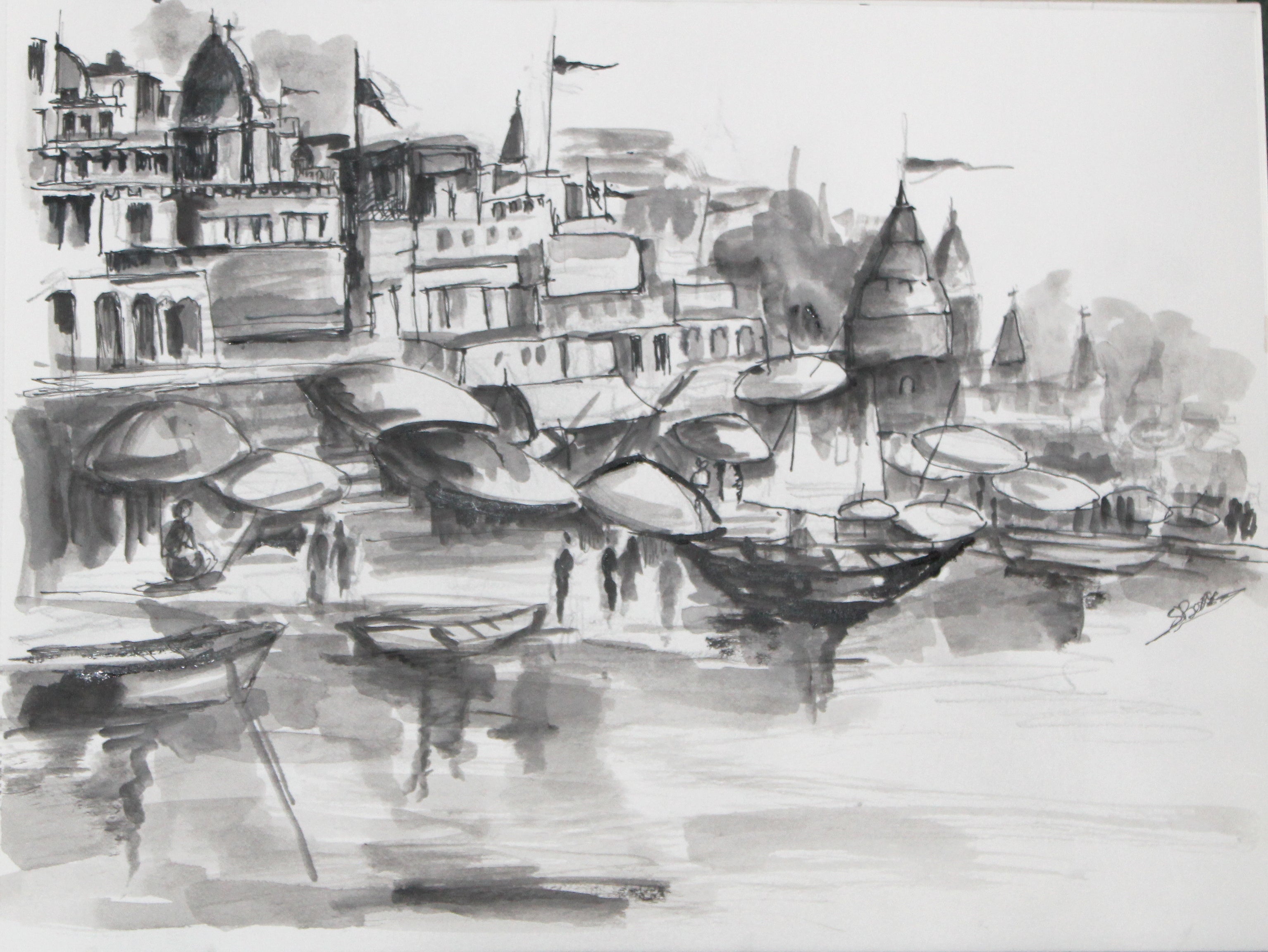Black and white ink drawing of a waterfront scene with boats and buildings. Varanasi